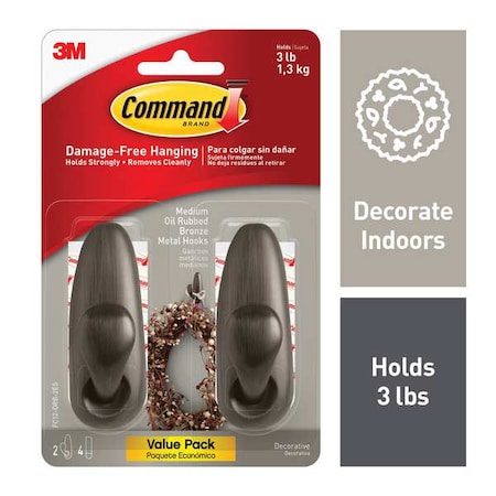 Command Hook, Bronze, Metal, 1 1/4 in D, PK2 FC12-ORB-2ES