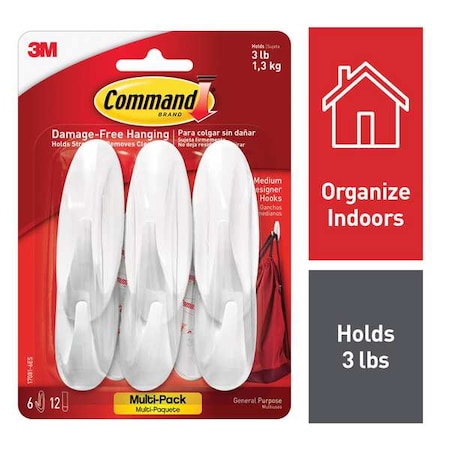 Command Hook, White, Plastic, 1 1/8 in D, PK6 17081-6ES