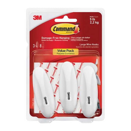 Command Hook, White, Plastic, 1 7/8 in D, PK3 17069-3ES