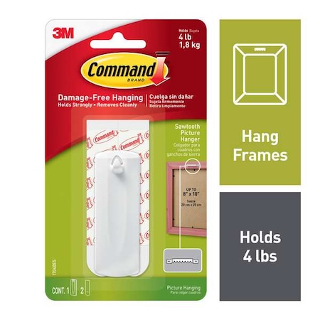 Command Picture Hanger, White, Plastic, 1/16 in D 17040ES