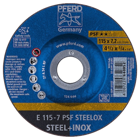 Pferd 4-1/2" x 1/4 Grinding Wheel, 7/8" A.H. - PSF STEELOX - Type 27 61002