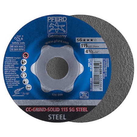 Pferd Depressed Center Grinding Wheel, Type 27, 4 1/2 in Dia, 0.125 in Thick, 7/8 in Arbor Hole Size 61200
