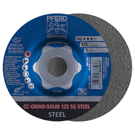 Pferd Depressed Center Grinding Wheel, Type 27, 5 in Dia, 0.125 in Thick, 7/8 in Arbor Hole Size, 24 Grit 61201