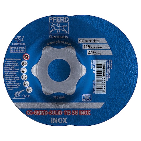 Pferd Depressed Center Grinding Wheel, Type 27, 4 1/2 in Dia, 0.125 in Thick, 7/8 in Arbor Hole Size 61215