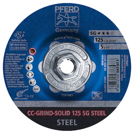 Pferd Depressed Center Grinding Wheel, Type 27, 5 in Dia, 0.125 in Thick, 5/8"-11 Arbor Hole Size 61221
