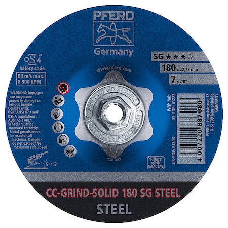 Pferd Depressed Center Grinding Wheel, Type 27, 7 in Dia, 0.125 in Thick, 5/8"-11 Arbor Hole Size 61223