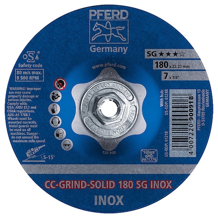 Pferd Depressed Center Grinding Wheel, Cutting and Grinding, 7 in Dia, 0.125 in Thick, Ceramic, 24 Grit 61238