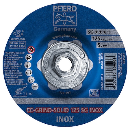 Pferd Depressed Center Wheels, Type 27, 5 in Dia, 1/8" Thick, 5/8"-11 Arbor Hole Size, Ceramic 61236
