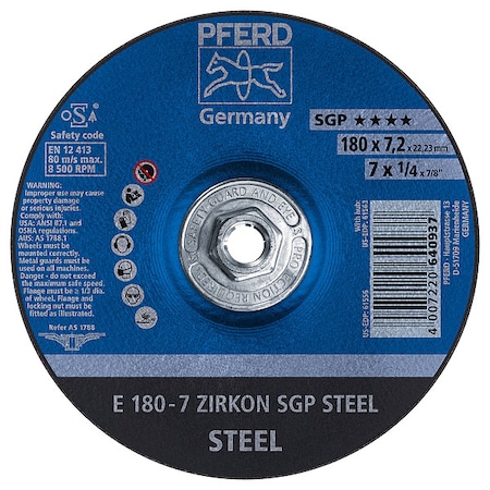 Pferd 7" x 1/4 Grinding Wheel, 5/8-11 Thd. - ZIRKON SGP STEEL - Type 27 61563