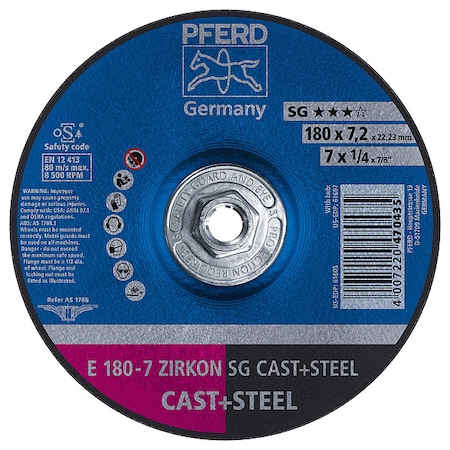 Pferd 7" x 1/4 Grinding Wheel, 5/8-11 Thd. - ZIRKON SG CAST+STEEL - Type 27 61607