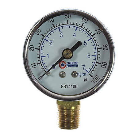 Coilhose Pneumatics Chrome Dial Gauge 1/4" Bottom Mount 0-100PSI 2" CO GB14100