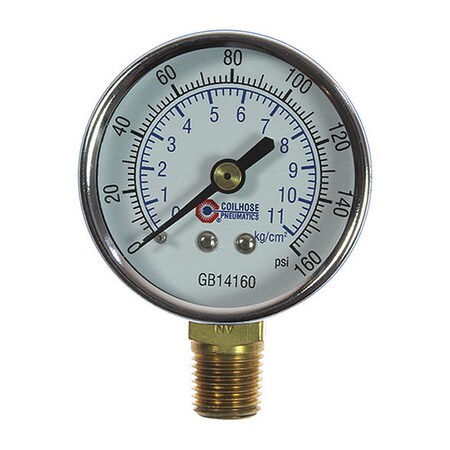 Coilhose Pneumatics Chrome Dial Gauge 1/4" Bottom Mount 0-160PSI 2" CO GB14160