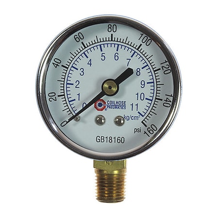 Coilhose Pneumatics Chrome Dial Gauge 1/8" Bottom Mount 0-160PSI 2" CO GB18160