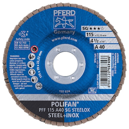 Pferd 4-1/2" x 7/8" A.H. POLIFAN Flap Disc - A SG STEELOX, Aluminum oxide, 40 Grit, Flat 62150