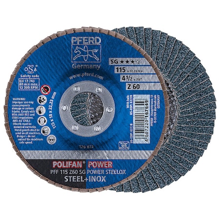 Pferd 4-1/2" x 7/8" A.H. POLIFAN Flap Disc - Z SG POWER STEELOX, Zirconia, 60 Grit, Flat 62178