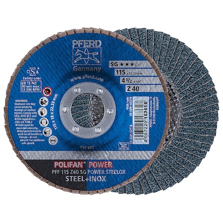 Pferd 4-1/2" x 7/8" A.H. POLIFAN Flap Disc - Z SG POWER STEELOX, Zirconia, 40 Grit, Flat 62176