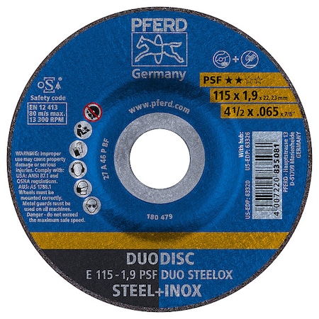Pferd Duodisc Wheel, Psf Inox, 4-1/2"x.065"x7/8", Type 27, 7/8 in Arbor Hole Size, Aluminum oxide 63320