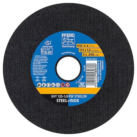 Pferd Abrasive Cut-Off Wheel, Type 1, 5 in Dia, 0.040 in Thick, 7/8 in Arbor Hole Size, Aluminum Oxide 63541