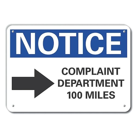 Lyle Notice, Complaint Department 100 Miles, 14 in W x 10 in H, , Plastic, LCU5-0041-NP_14X10 LCU5-0041-NP_14X10