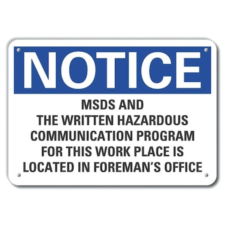 Lyle Aluminum Msds Information Notice Sign, 7 in Height, 10 in Width, Aluminum, Vertical Rectangle LCU5-0305-NA_10X7