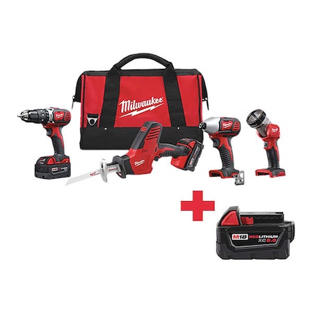 Milwaukee Tool M18 Cordless LITHIUM-ION 4-Tool Combo Kit + M18 XC5.0 Battery 2695-24, 48-11-1850