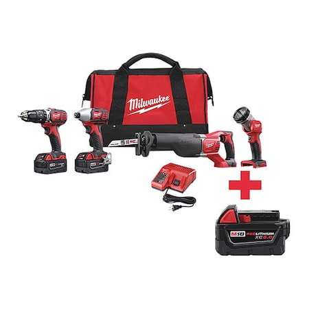 Milwaukee Tool M18 Cordless LI-ION 4-Tool Combo Kit + M18 XC5.0 Battery 2696-24, 48-11-1850