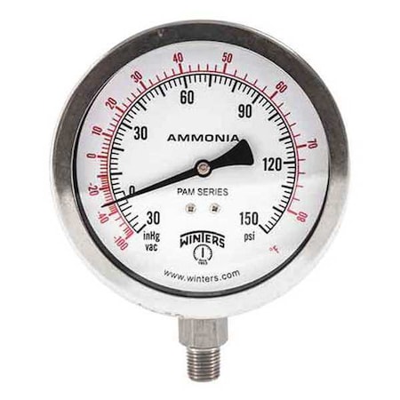 Winters Ammonia Gauge 4", 1/4" Lm 30-0-150 psi/F, 4 in Dial, 1/4 in NPT Bottom Location PAM1701