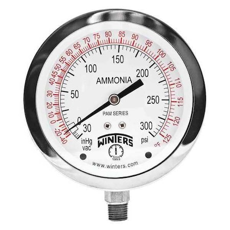 Winters Ammonia Gauge 4", 1/4" Lm 30-0-300 psi/F, 4 in Dial, 1/4 in NPT Bottom Location PAM1702