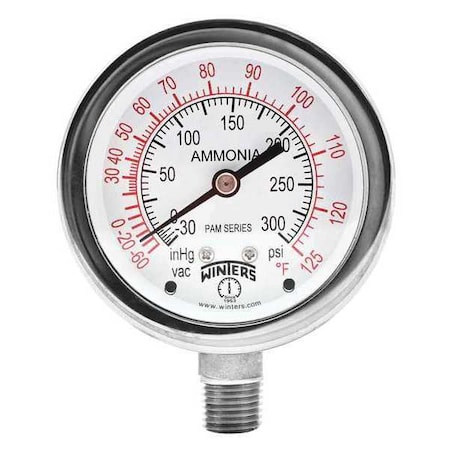 Winters Ammonia Gauge 2.5 1/4" Lm 30-0-300 psi/F, 2 1/2 in Dial, 1/4 in NPT Bottom Location PAM1751