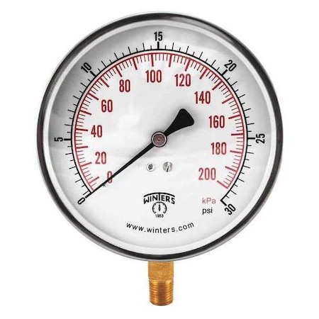 Winters Contractor 4.5" 0-30 psi/Kpa 1/4" Btm, 4 1/2 in Dial, 1/4 in NPT Bottom Location PCT321