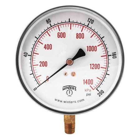 Winters Contractor 4.5" 0-200 psi/Kpa 1/4" Btm, 4 1/2 in Dial, 1/4 in NPT Bottom Location PCT325
