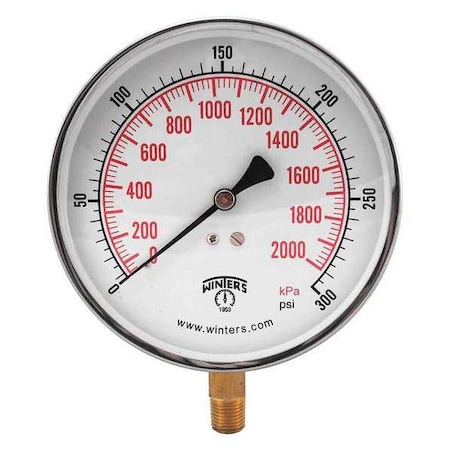 Winters Contractor 4.5" 0-300 psi/Kpa 1/4" Btm, 4 1/2 in Dial, 1/4 in NPT Bottom Location PCT326