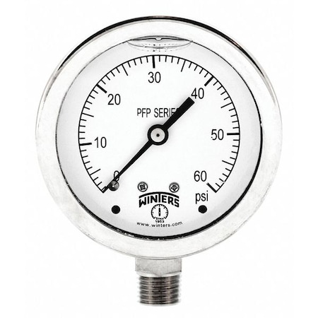 Winters Filled Ss/Ss Gauge 2.5" 1/4Lm 60 psi, 2 1/2 in Dial, 1/4 in NPT Bottom Location PFP823R1