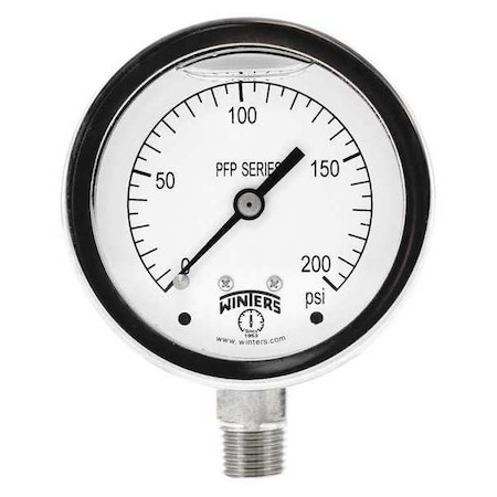 Winters Filled Ss/Ss Gauge 2.5" 1/4Lm 200 psi, 2 1/2 in Dial, 1/4 in NPT Bottom Location PFP826R1
