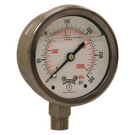 Winters Filled Ss/Ss Gauge2.5" 1/4Lm 300 psi/Kpa, 2 1/2 in Dial, 1/4 in NPT Bottom Location PFP827