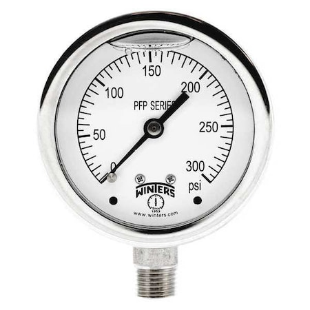Winters Filled Ss/Ss Gauge 2.5" 1/4Lm 300 psi, 2 1/2 in Dial, 1/4 in NPT Bottom Location PFP827R1
