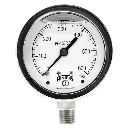 Winters Filled Ss/Ss Gauge 2.5" 1/4Lm 600 psi, 2 1/2 in Dial, 1/4 in NPT Bottom Location PFP828R1