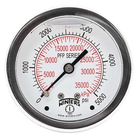 Winters Filled Ss/Ss Gauge2.5 1/4 Cb 5000Psi/Kpa, 2 1/2 in Dial, 1/4 in NPT Center Back Location PFP852
