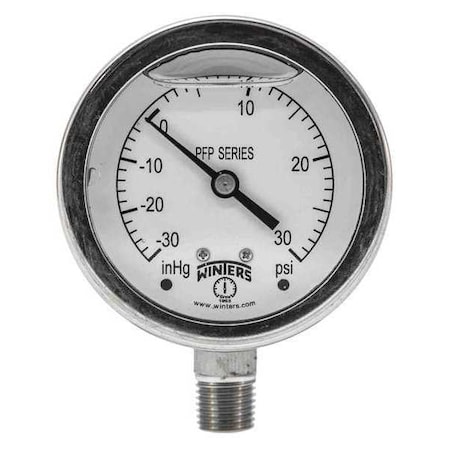 Winters Filled Ss/Ss Gauge2.5 1/4 Lm 30-0-30 psi, 2 1/2 in Dial, 1/4 in NPT Bottom Location PFP861R1