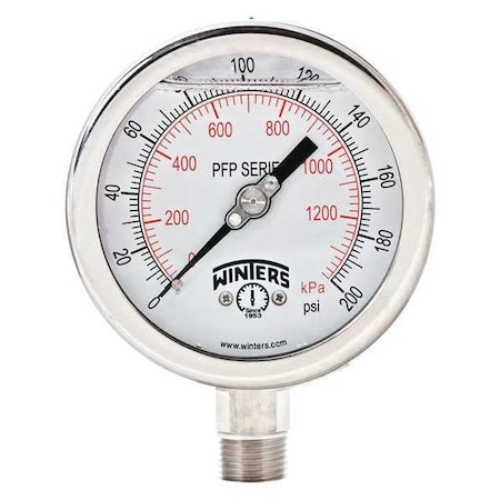 Winters Filled Ss/Ss Gauge 4" 200 psi/Kpa 1/2 Lm, 4 in Dial, 1/2 in NPT Bottom Location PFP661