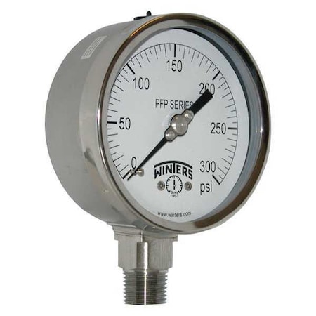 Winters Filled Ss/Ss Gauge 4" 300 psi 1/2 Lm, 4 in Dial, 1/2 in NPT Bottom Location PFP662R1