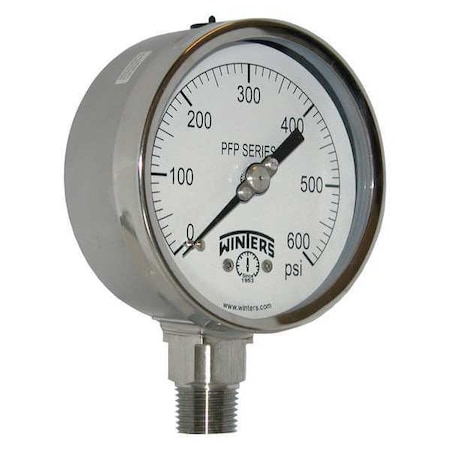 Winters 4 in Dial, 1/2 in NPT Bottom Location, AISI 304 Stainless Steel Case Material PFP663R1