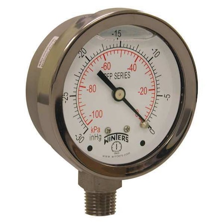 Winters Filled Ss/Ss Gauge2.5 1/4Lm 0-30 Vac/Kpa, 2 1/2 in Dial, 1/4 in NPT Bottom Location PFP820