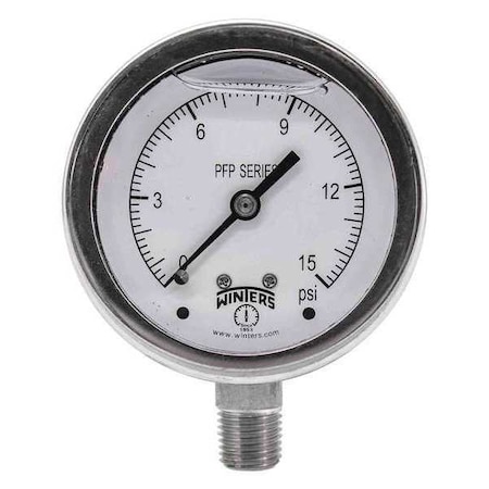 Winters Filled Ss/Ss Gauge 2.5" 1/4Lm 15 psi, 2 1/2 in Dial, 1/4 in NPT Bottom Location PFP821R1
