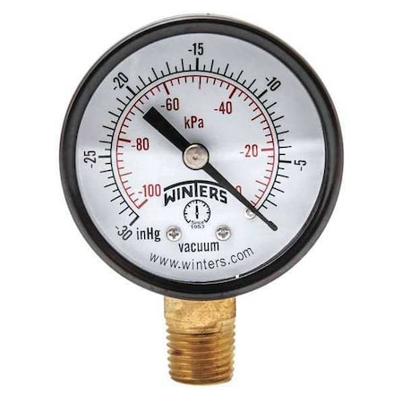 Winters Economy 2" 0-30" Vac/Kpa 1/4" Npt Btm, 2 in Dial, 1/4 in NPT Bottom Location, Steel Case Material PEM135
