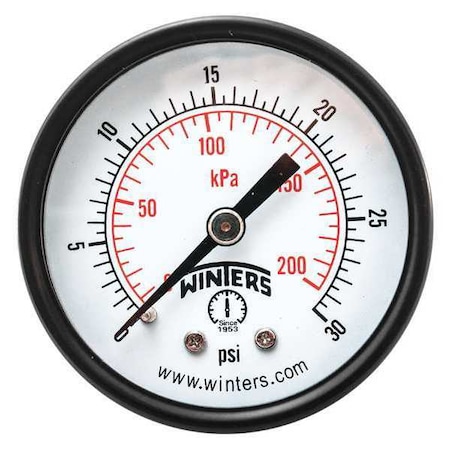 Winters Economy 2" 0-30 psi/Kpa 1/8" Back, 2 in Dial, 1/8 in NPT Center Back Location, Steel Case Material PEM1402