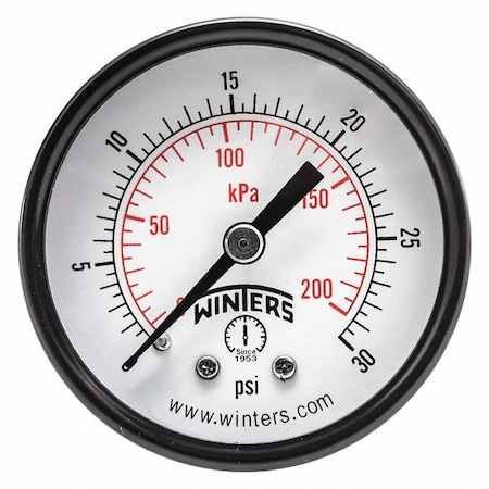 Winters Economy 2" 0-30 psi/Kpa 1/4" Npt Back, 2 in Dial, 1/4 in NPT Center Back Location PEM1403