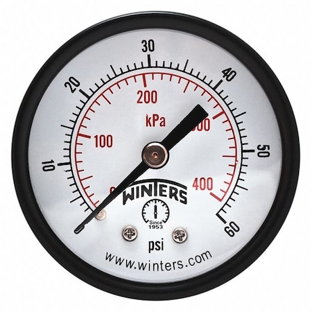 Winters Economy 2" 0-60 psi/Kpa 1/8" Npt Back, 2 in Dial, 1/8 in NPT Center Back Location PEM1404