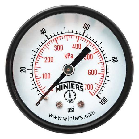 Winters Economy 2" 0-100 psi/Kpa 1/8" Npt Back, 2 in Dial, 1/8 in NPT Center Back Location PEM1406