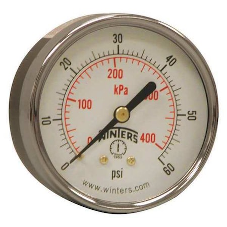 Winters Economy 2.5" 0-60 psi/Kpa 1/4" Npt Back, 2 1/2 in Dial, 1/4 in NPT Center Back Location PEM1438